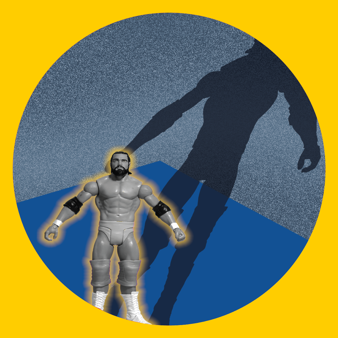 An action figure on a blue and yellow background